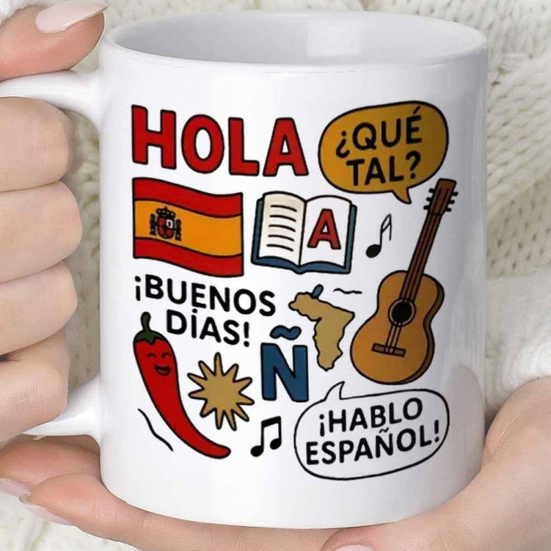 Tailorly White Ceramic 11 oz Mug - Spanish Cultural Symbols Including Flag And Musical Notes Surrounding A Guitar