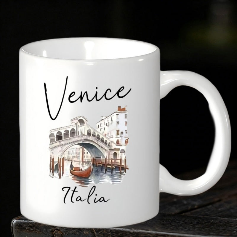 Tailorly White Ceramic 11 oz Mug - Venice Italia Scenic Watercolor Illustration Of Historic Rialto Arch Under Clear Sky With Gondola Floating Bridge