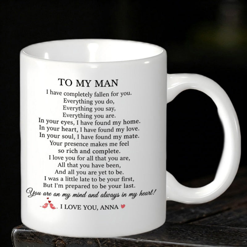 Tailorly White Ceramic 11 oz Mug - To My Man I Love You Anna Clean With Elegant Black Text And Red Hearts Mug