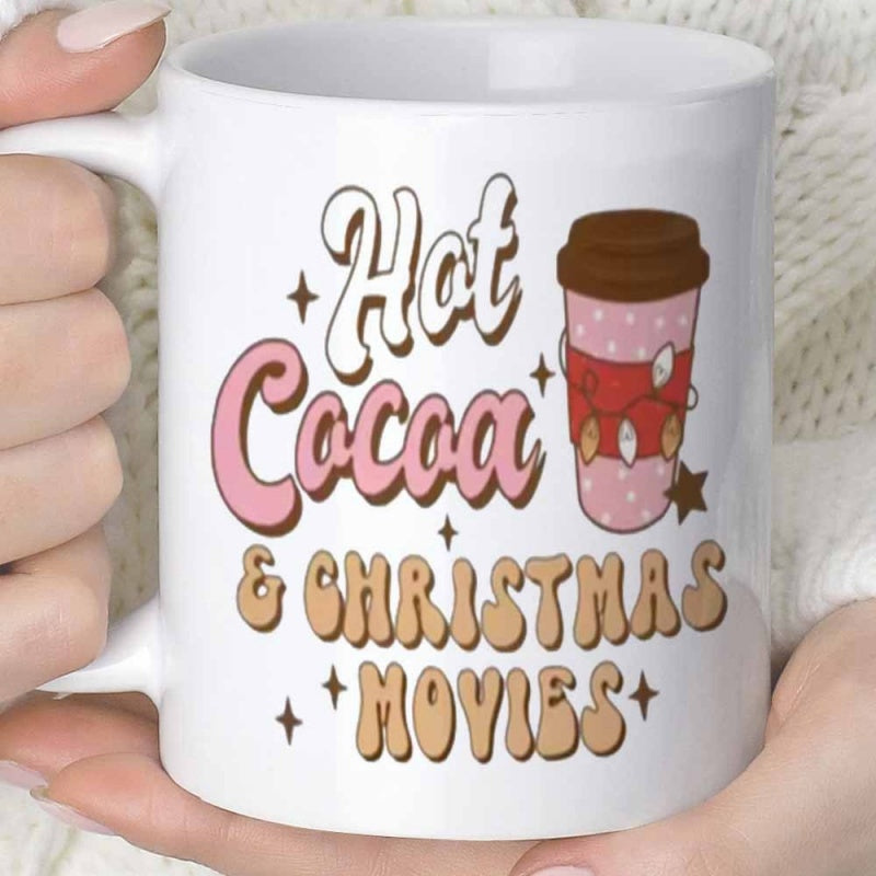 Tailorly White Ceramic 11 oz Mug - Hot Cocoa Christmas Movies Pink Polka Dot Cup Wrapped With Festive Christmas Lights And Sparkles Mug