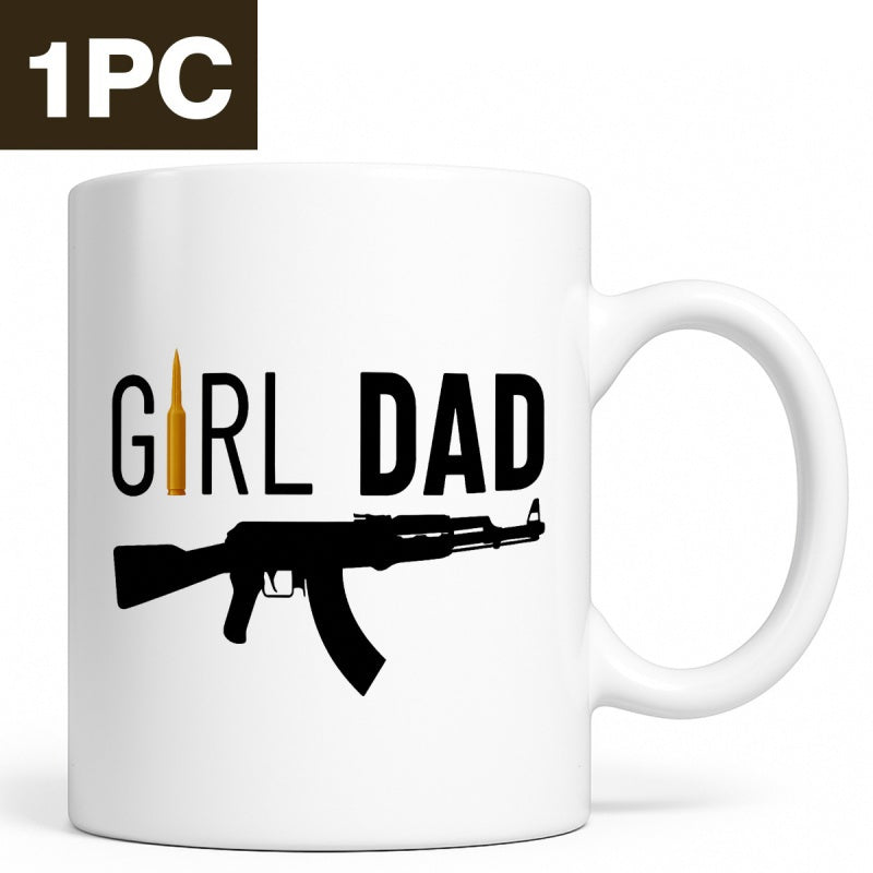 Tailorly White Ceramic 11 oz Mug - Girl Dad Bold Black Rifle Silhouette Beneath Text With A Golden Bullet Icon Rifle