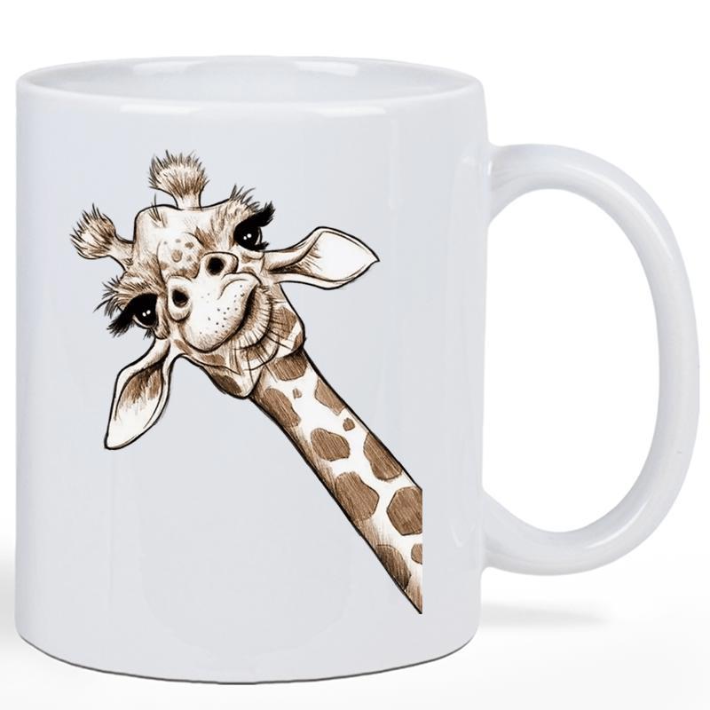 Tailorly White Ceramic 11 oz Mug - Hand Drawn Illustration Of A Playful Brown Spotted Long Necked Peeking Giraffe