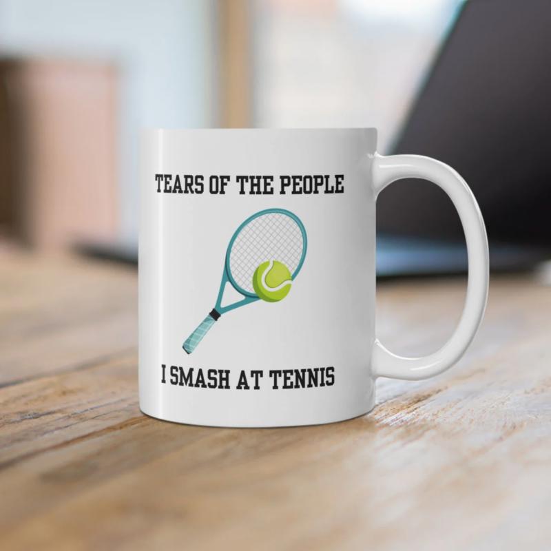 Tailorly White Ceramic 11 oz Mug - Tears Of The People I Smash At Tennis Professional Blue Frame Hitting A Bright Yellow Felt Ball Tennis Racket