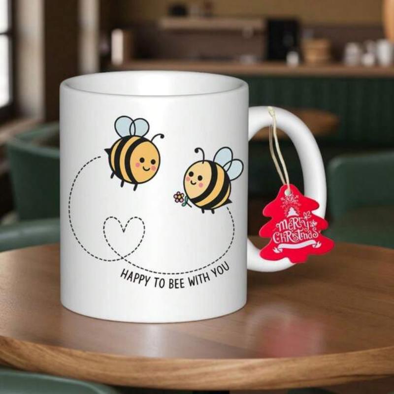 Tailorly White Ceramic 11 oz Mug - Happy To Bee With You Two Charming Small Cartoon Bees Flying Among Heart Trails Bee