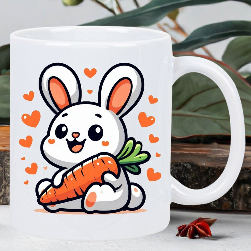Tailorly White Ceramic 11 oz Mug - Adorable Cartoon Bunny Holding A Large Carrot Surrounded By Small Orange Hearts Rabbit