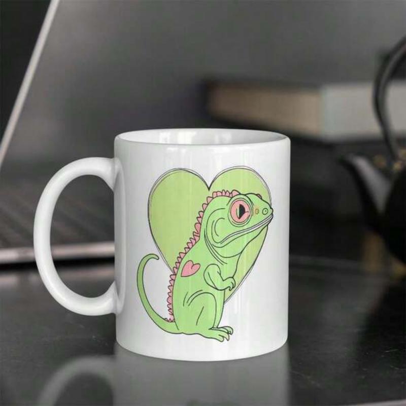 Tailorly White Ceramic 11 oz Mug - Cute Cartoon Green Reptile Standing Within A Soft Green Heart Lizard