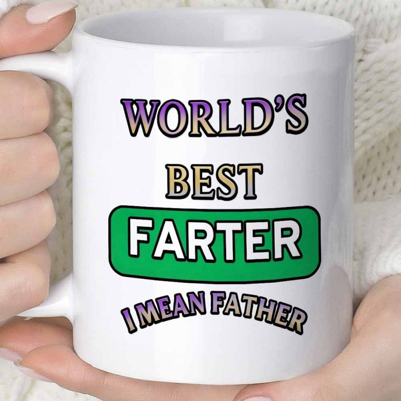 Tailorly White Ceramic 11 oz Mug - Worlds Best Farter I Mean Father Colorful Typography With Playful Gradient Letters Inside A Bold Green Sign