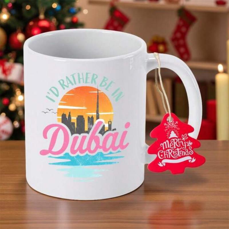 Tailorly White Ceramic 11 oz Mug - Id Rather Be In Dubai Stylized City Skyline Silhouette With Burj Khalifa Under Golden Setting Sun Skyline