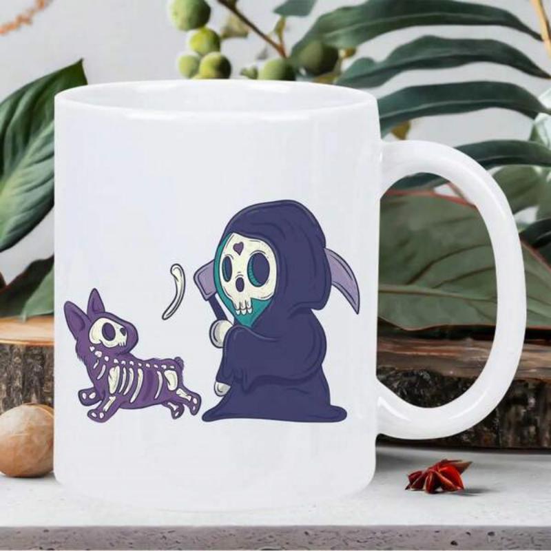 Tailorly White Ceramic 11 oz Mug - Charming Cartoon Grim Reaper Holding A Scythe Beside A Playful Skeleton Dog