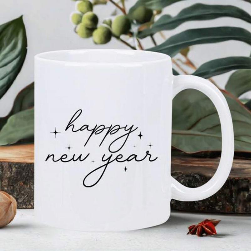 Tailorly White Ceramic 11 oz Mug - Happy New Year Elegant Cursive Script With Shining Stars On Minimalist Ceramic Mug