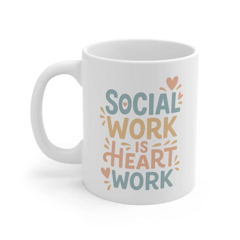 Tailorly White Ceramic 11 oz Mug - Social Work Is Heart Work Minimalist Pastel Hearts With Decorative Artistic Line Accents Mug