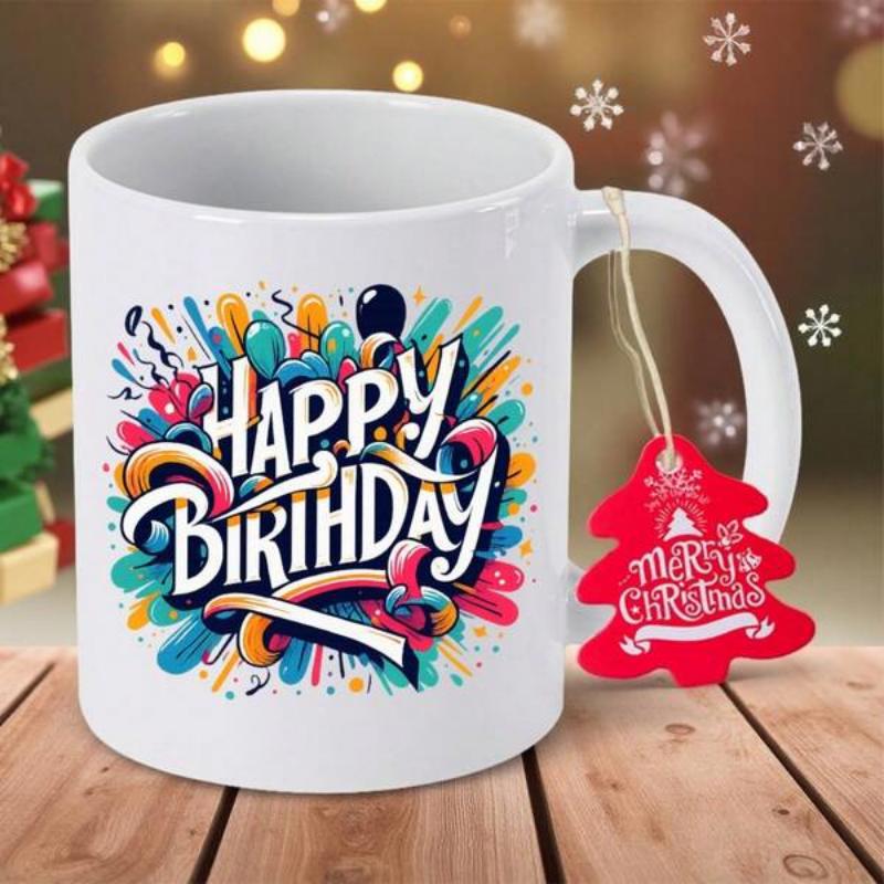 Tailorly White Ceramic 11 oz Mug - Happy Birthday Colorful Celebration Balloons With Artistic Splashes And Vibrant Festive Streamers Mug