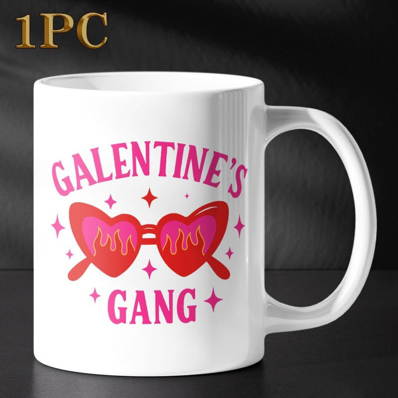 Tailorly White Ceramic 11 oz Mug - Galentine's Gang Retro Heart Shaped Frames With Vibrant Flames And Sparkling Stars Sunglasses