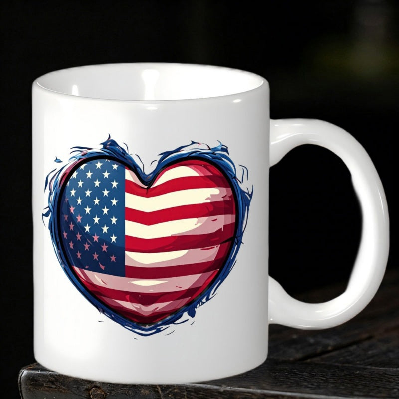 Tailorly White Ceramic 11 oz Mug - Patriotic American Flag With Stars And Stripes Inside Distressed Torn Blue Denim Heart