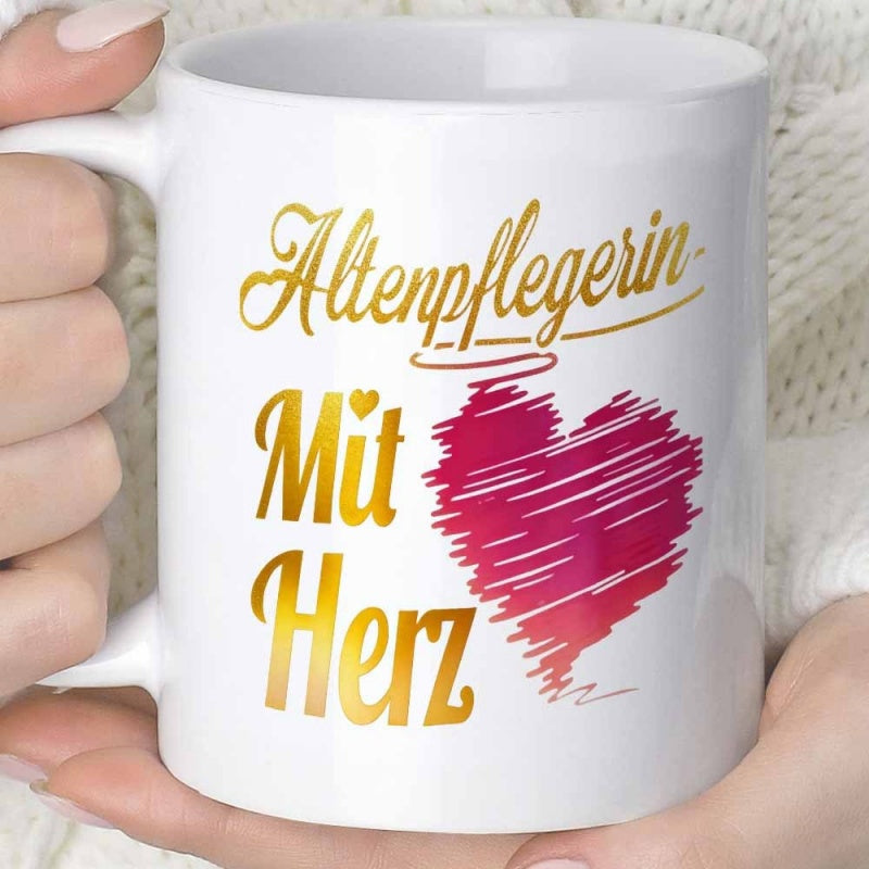 Tailorly White Ceramic 11 oz Mug - Artistic Scribbled Crimson Red Textured Pattern Among Elegant Golden Calligraphy Heart