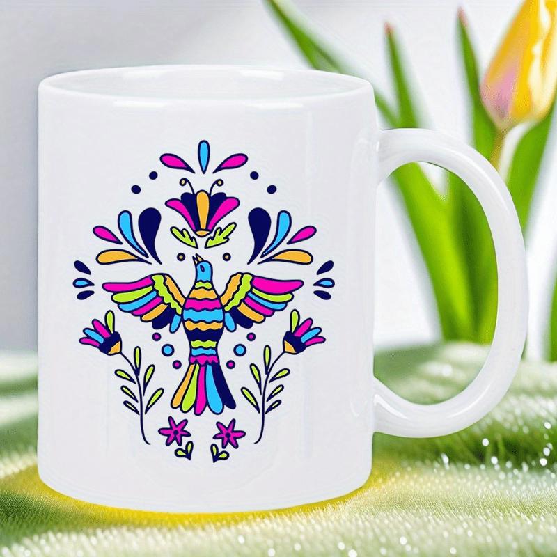 Tailorly White Ceramic 11 oz Mug - Vibrantly Colored Folk Art Style Among Symmetric Floral Petals And Leaves Bird