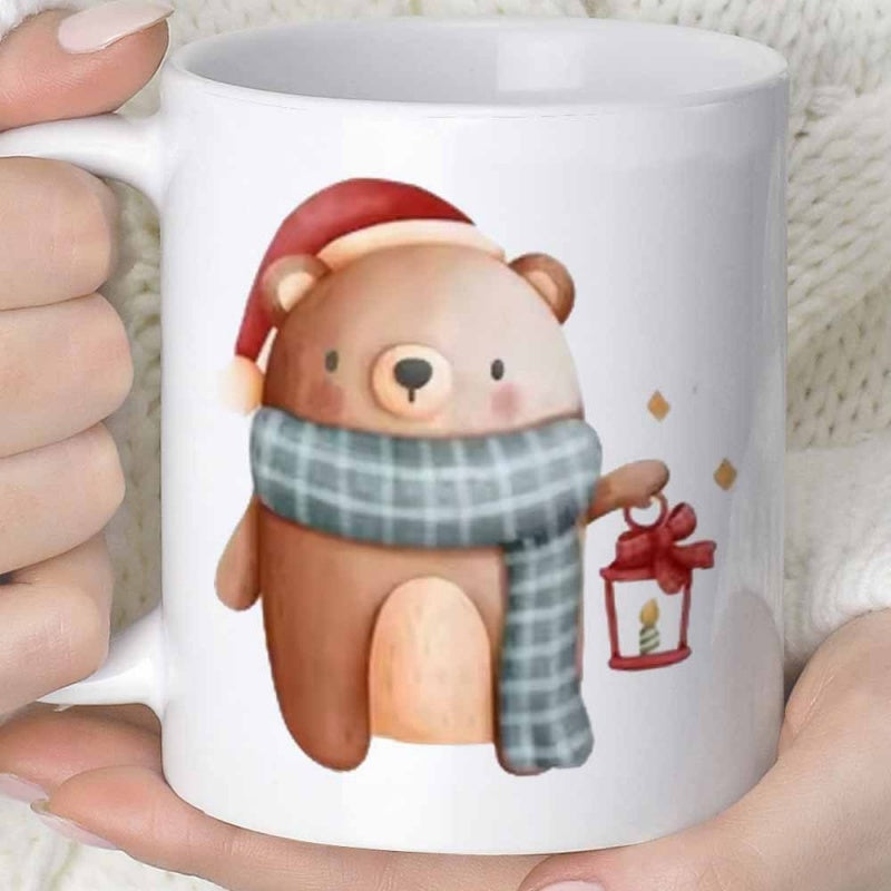 Tailorly White Ceramic 11 oz Mug - Adorable Festive Watercolor Animal Wearing Hat And Scarf Holding Lantern Bear