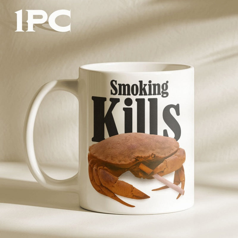 Tailorly White Ceramic 11 oz Mug - Smoking Kills Realistic Brown Sea Crustacean Holding A Cigarette Within Its Pincer Crab