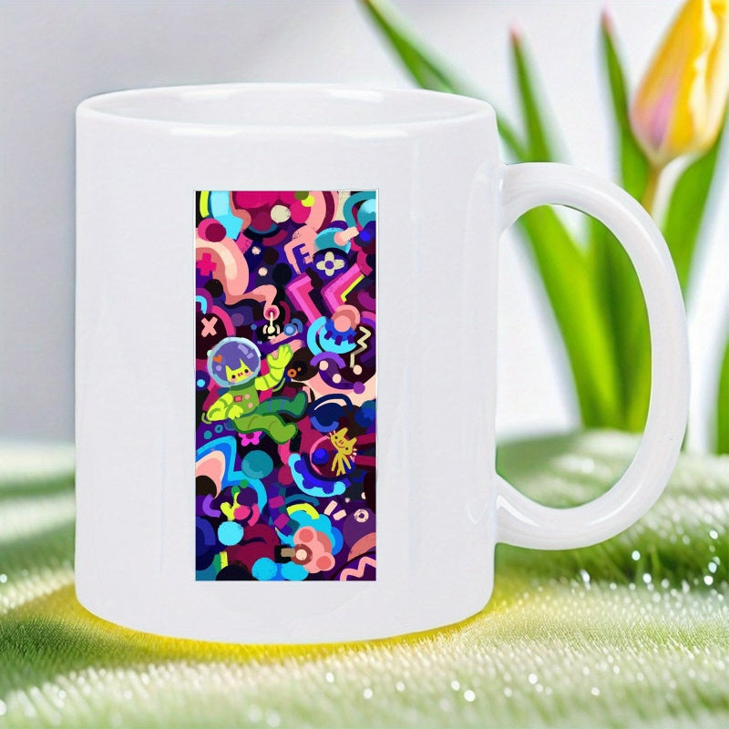 Tailorly White Ceramic 11 oz Mug - Vibrant Colorful Abstract Cosmic Doodles With Floating Shapes Under Glowing Stars Astronaut