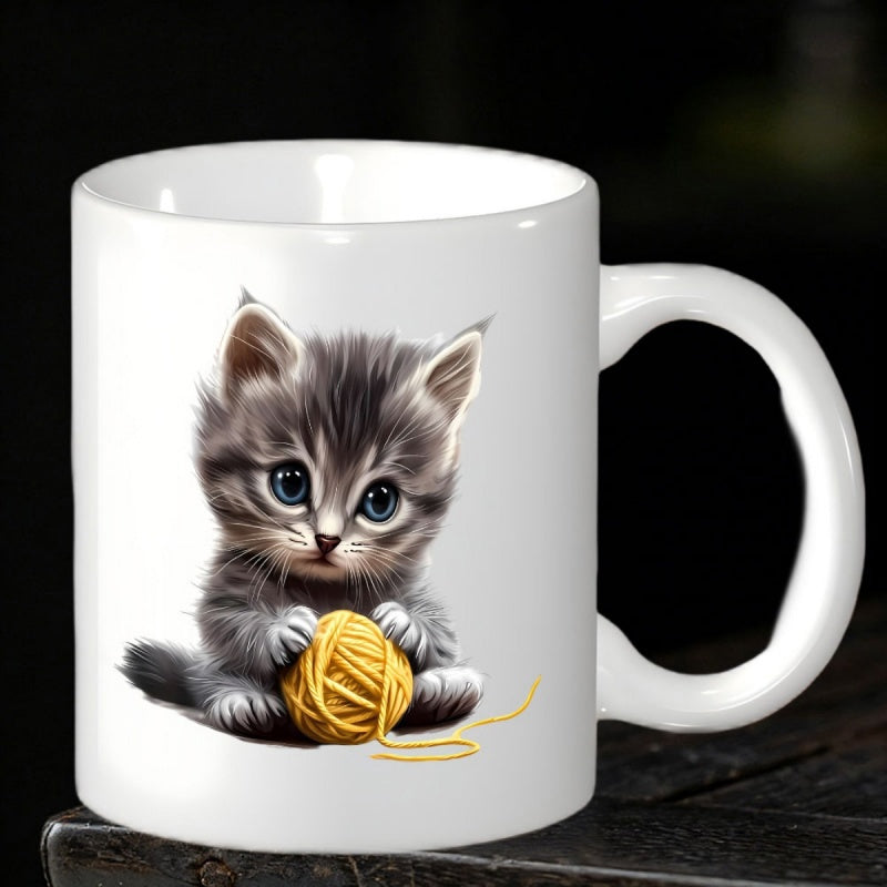 Tailorly White Ceramic 11 oz Mug - Tiny Gray Tabby Playing With A Bright Yellow Yarn Ball Kitten