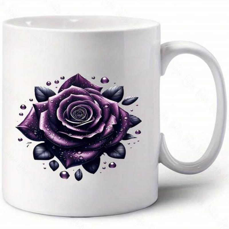 Tailorly White Ceramic 11 oz Mug - Elegant Dark Purple Blooming With Glistening Dew Drops And Leaves Rose