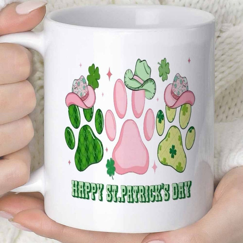 Tailorly White Ceramic 11 oz Mug - Happy St Patricks Day Festive Pink And Green Graphic Illustrations Wearing Tiny Western Cowboy Hats Paw