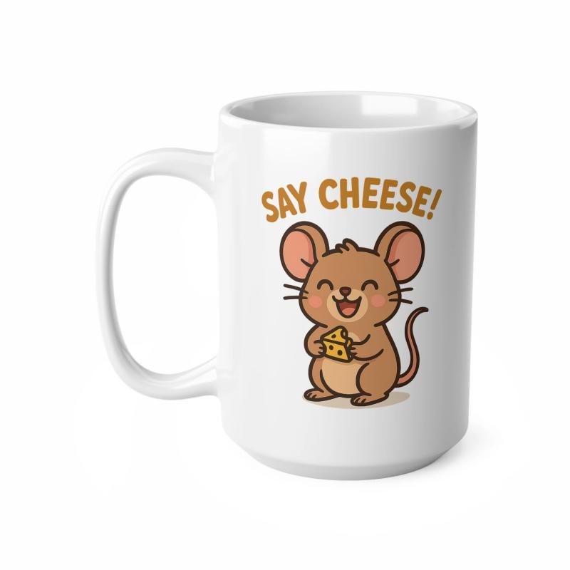 Tailorly White Ceramic 11 oz Mug - Say Cheese Happy Little Brown Rodent Holding A Small Slice Of Tasty Yellow Mouse