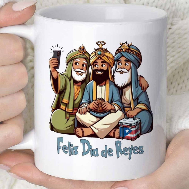Tailorly White Ceramic 11 oz Mug - Three Joyful Kings Taking Modern Selfie During Traditional Holiday Magi