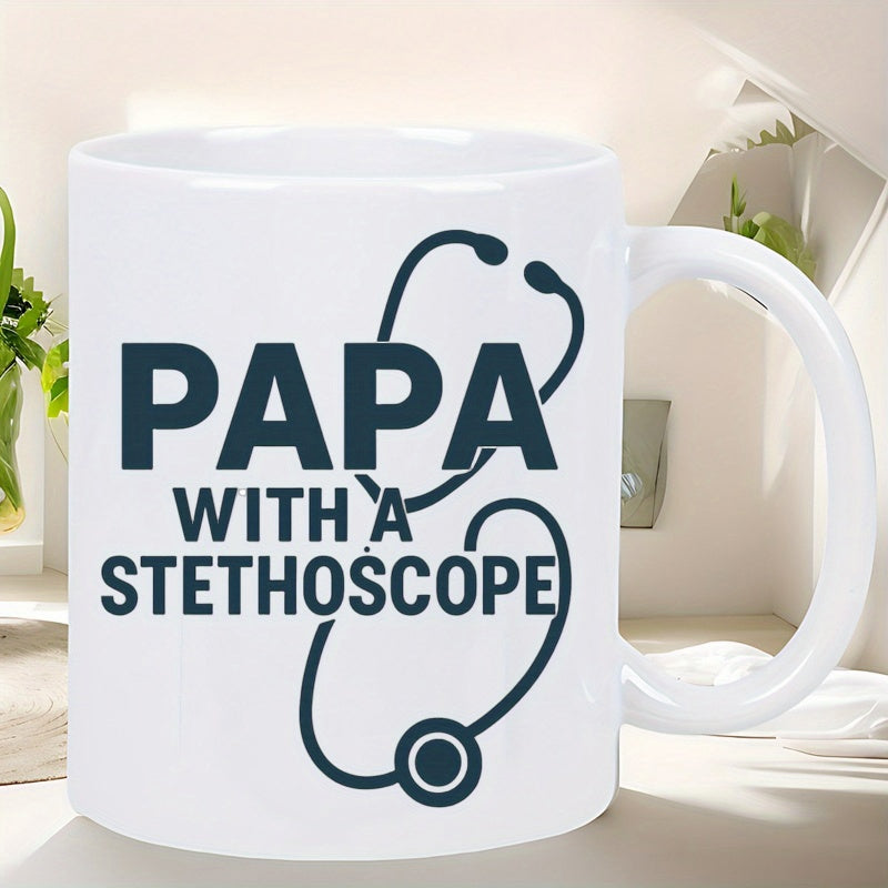 Tailorly White Ceramic 11 oz Mug - Papa With A Stethoscope Minimalist Line Drawing Of A Medical Tool Intertwined With Bold Text Stethoscope