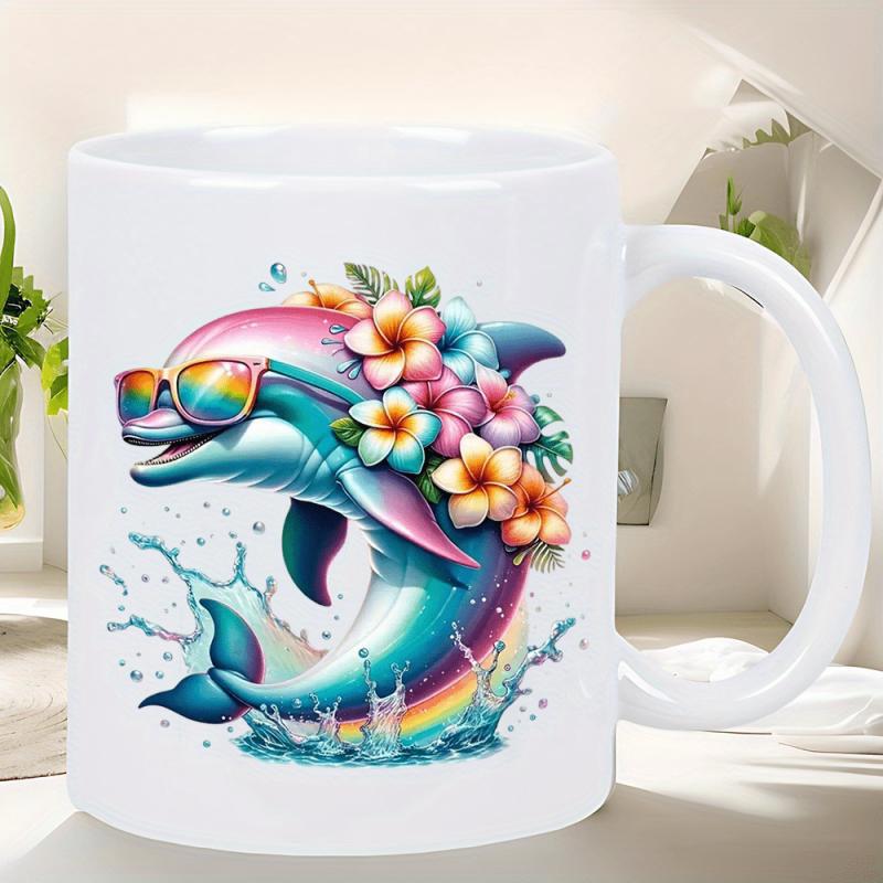 Tailorly White Ceramic 11 oz Mug - Colorful Artistic Jumping Creature With Rainbow Sunglasses And Tropical Flowers Dolphin