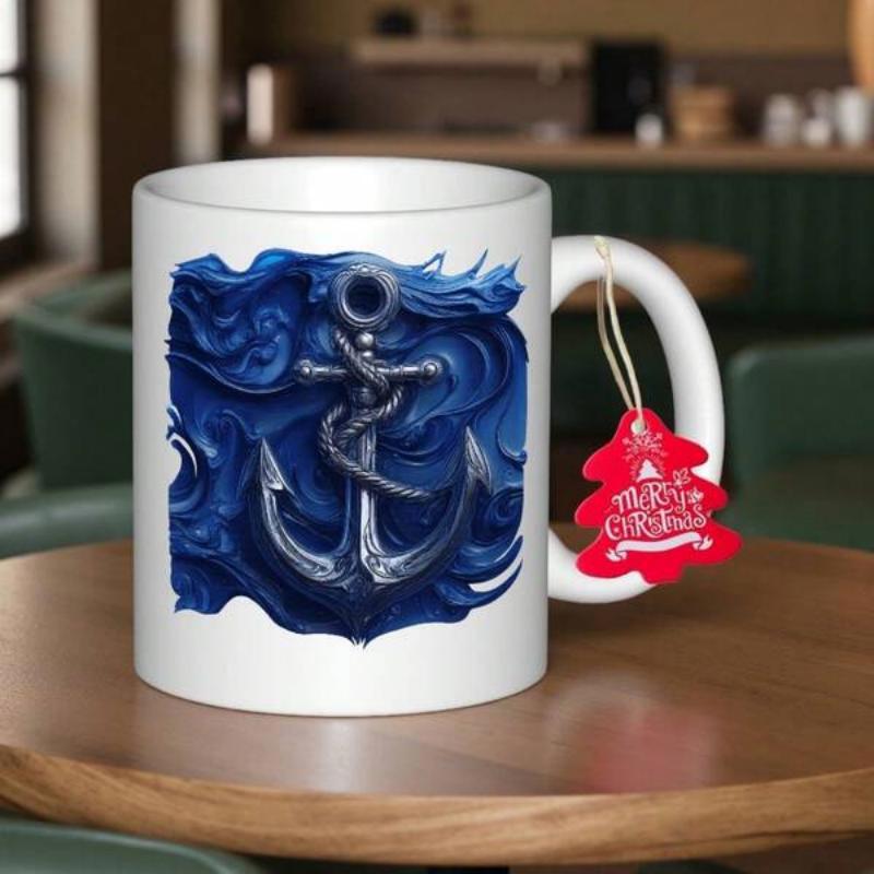 Tailorly White Ceramic 11 oz Mug - Merry Christmas Shimmering Silver Anchor Resting Amidst Deep Blue Turbulent Swirling Ocean Waves Anchor