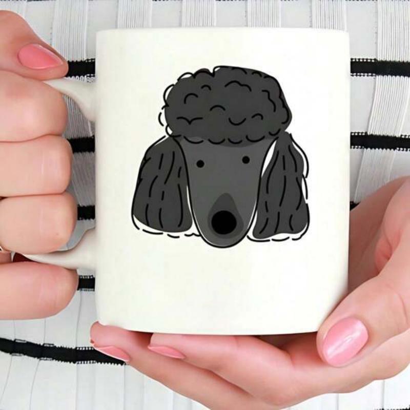 Tailorly White Ceramic 11 oz Mug - Simple Hand Drawn Black Curly Hair Puppy Dog Face Poodle