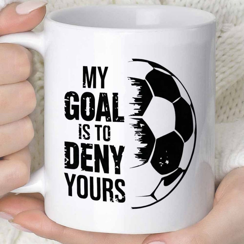 Tailorly White Ceramic 11 oz Mug - My Goal Is To Deny Yours Minimalist Splatter Style Half Sphere With Athletic Pattern Design Soccer Ball