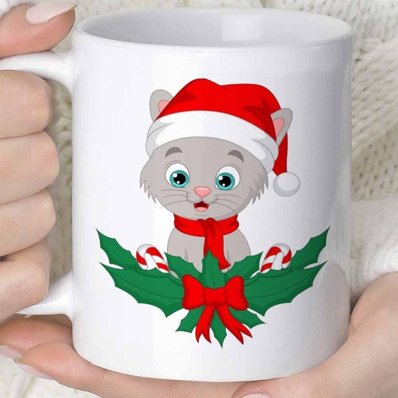 Tailorly White Ceramic 11 oz Mug - Adorable Grey Cartoon Feline Wearing Festive Red Santa Hat And Scarf Cat
