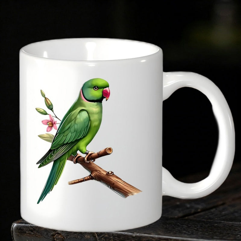 Tailorly White Ceramic 11 oz Mug - Vibrant Green Exotic Bird Perched On A Branch With Pink Flowers Parrot
