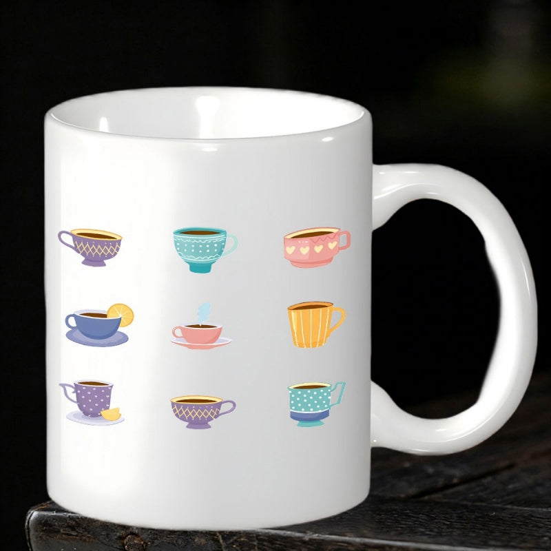 Tailorly White Ceramic 11 oz Mug - Various Colorful Porcelain Coffee Cups Arranged In A Neat Geometric Grid Cup
