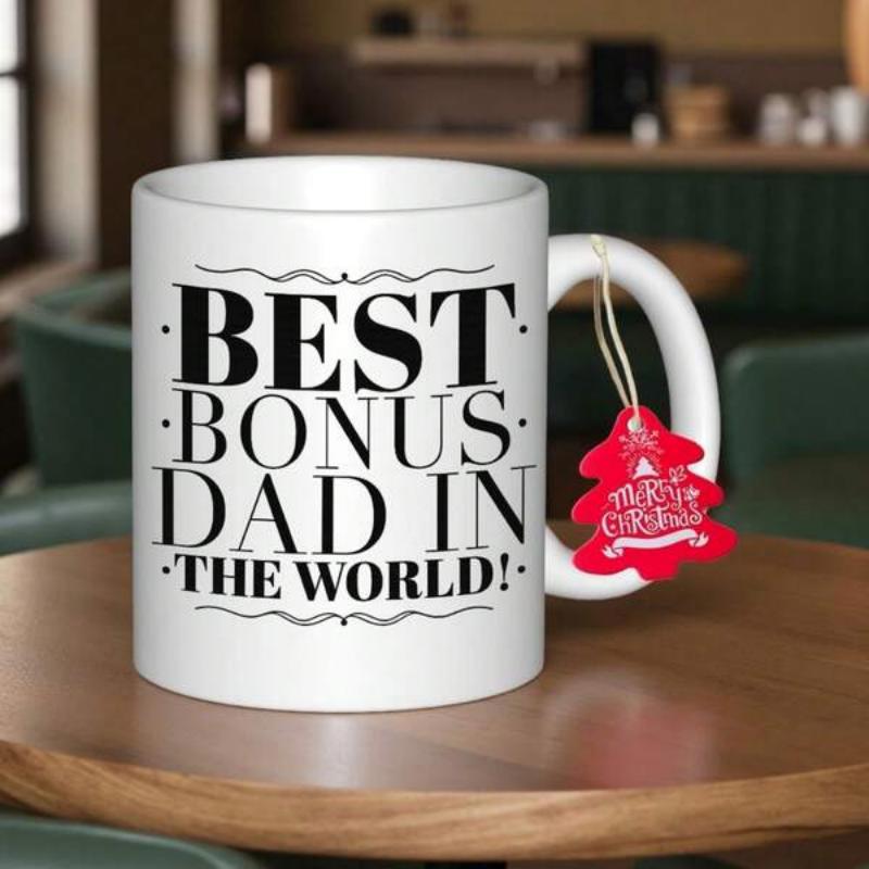 Tailorly White Ceramic 11 oz Mug - Best Bonus Dad In The World Elegant Black Typography With Decorative Lines On A Clean