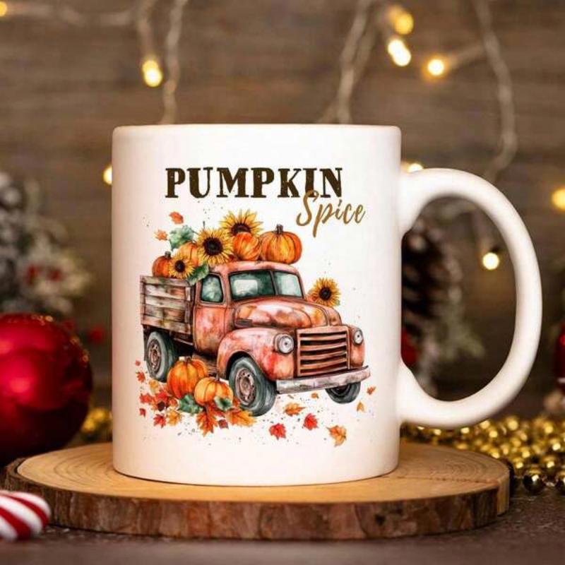 Tailorly White Ceramic 11 oz Mug - Pumpkin Spice Rustic Vintage Red Truck Carrying Harvest Pumpkins And Golden Sunflowers Truck