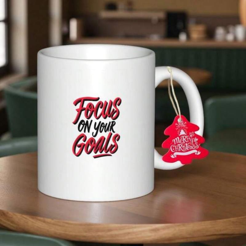 Tailorly White Ceramic 11 oz Mug - Focus On Your Goals Vibrant Bold Artistic Script Displayed On A Sleek