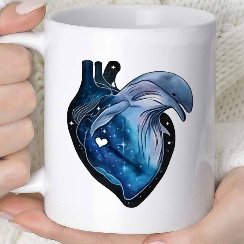 Tailorly White Ceramic 11 oz Mug - Cosmic Galaxy Nebula Starry Background Integrated With Graceful Jumping Blue Dolphin Heart