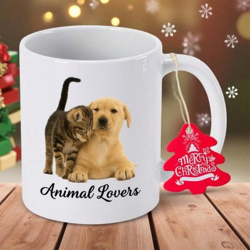 Tailorly White Ceramic 11 oz Mug - Animal Lovers Tiny Tabby Kitten And Golden Retriever Sitting In Peaceful Harmony Puppy