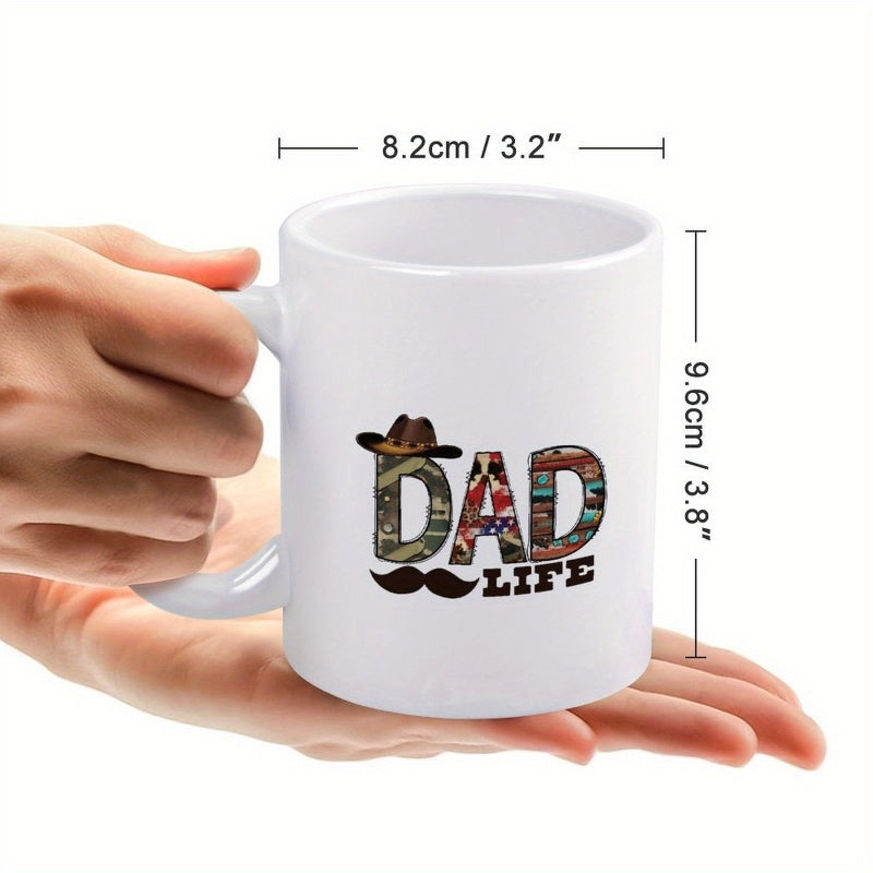 Tailorly White Ceramic 11 oz Mug - Dad Life Western Cowboy Hat Above Camouflage Patriotic Letters And Dark Mustache Mug