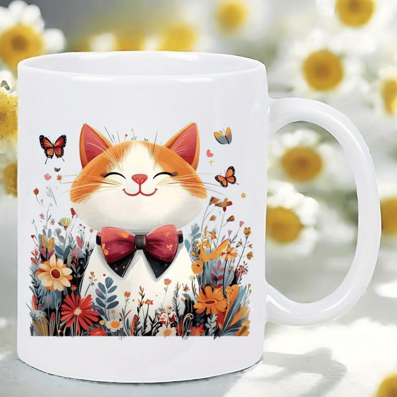 Tailorly White Ceramic 11 oz Mug - Smiling Ginger Feline With Bowtie Among Vibrant Flowers And Butterflies Cat