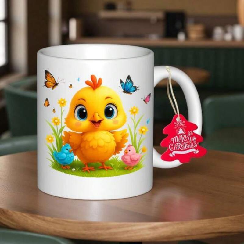 Tailorly White Ceramic 11 oz Mug - Adorable Little Yellow Bird Standing On Grass Surrounded By Flying Butterflies Chick