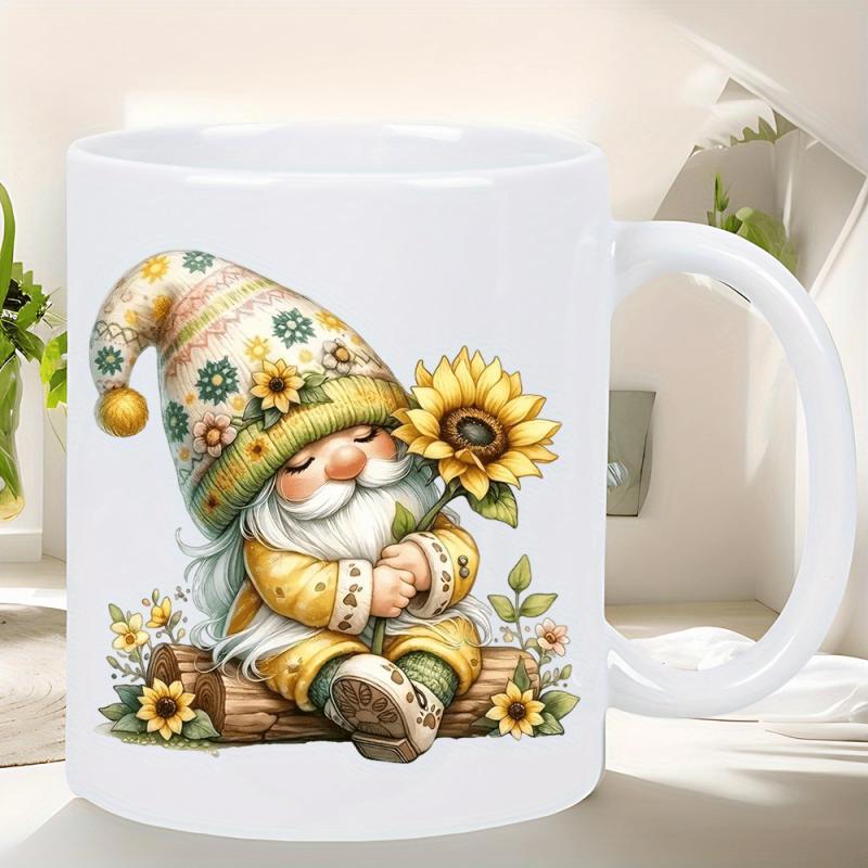 Tailorly White Ceramic 11 oz Mug - Whimsical Little Garden Character Holding A Vibrant Yellow Sunflower Upon Log Gnome
