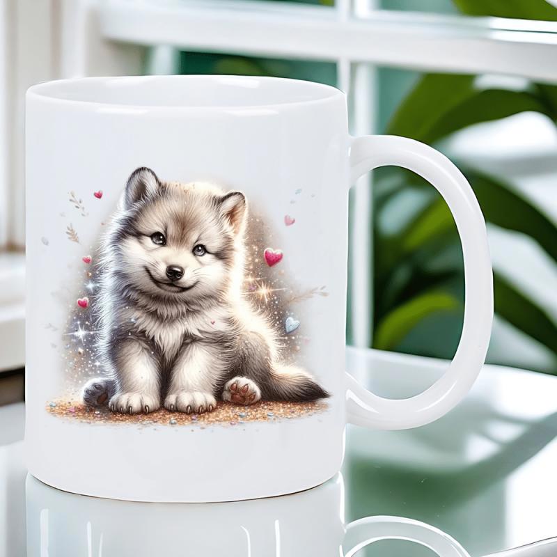Tailorly White Ceramic 11 oz Mug - Adorable Fluffy Husky Puppy Sitting Calmly Among Shining Sparkles And Hearts Puppy