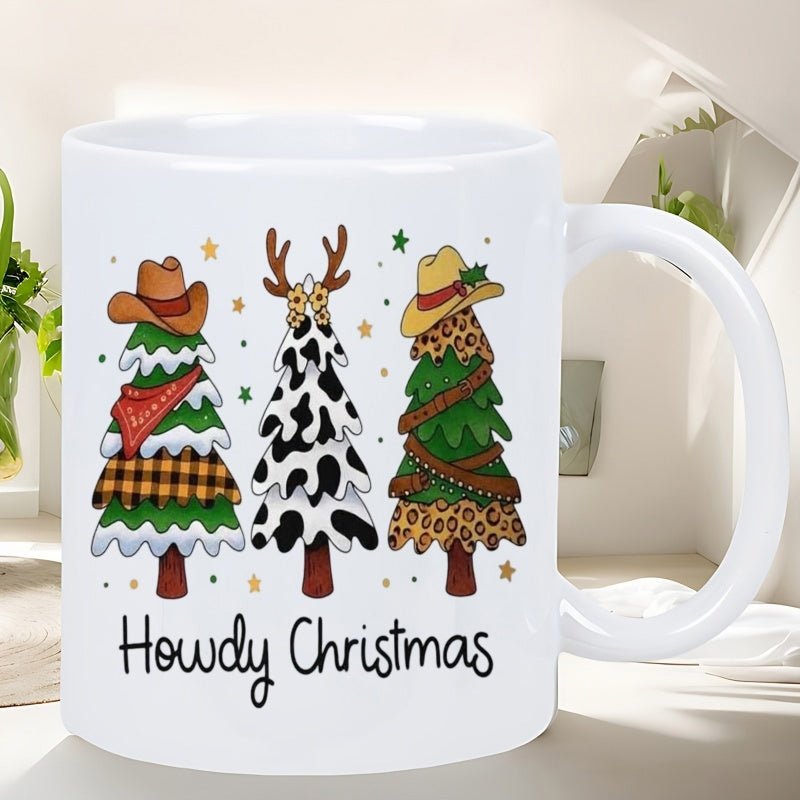 Tailorly White Ceramic 11 oz Mug - Howdy Christmas Three Festive Western Style Christmas Trees Wearing Cowboy Hats And Bandanas Tree