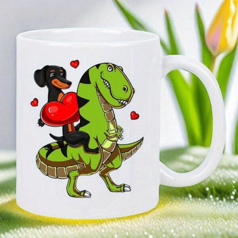 Tailorly White Ceramic 11 oz Mug - Cute Dachshund Riding On A Green Cartoon Tyrannosaurus Rex Holding Heart Dinosaur
