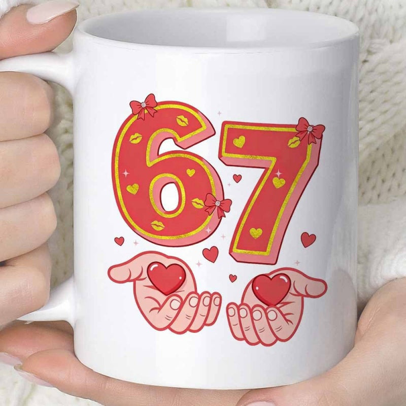Tailorly White Ceramic 11 oz Mug - Vibrant Anniversary Graphics With Cute Bows And Hearts Held By Hands Number