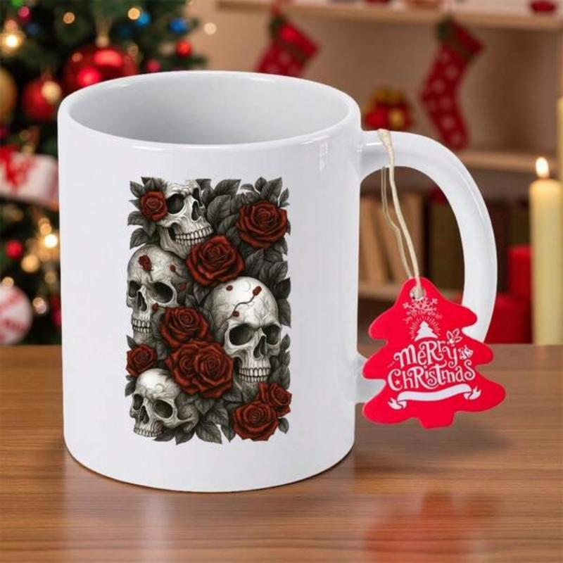 Tailorly White Ceramic 11 oz Mug - Merry Christmas Intricate Aged Skulls Nestled Among Blooming Red Roses And Dark Foliage Skull